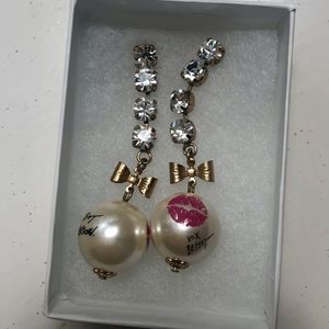 Betsey Johnson Diamond Pearl Drop Bow Earrings